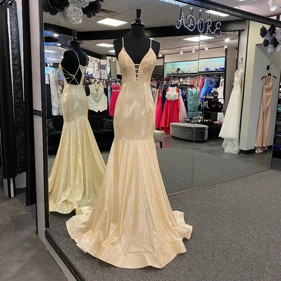 May Queen Dresses | Champagne Metallic Fit & Flare Formal Long Dress | Color: Cream | Size: 2 | Sullicg78's Closet May Queen Dresses | Champagne Metallic Fit & Flare Formal Long Dress | Color: Cream | Size: 2 | Sullicg78's Closet